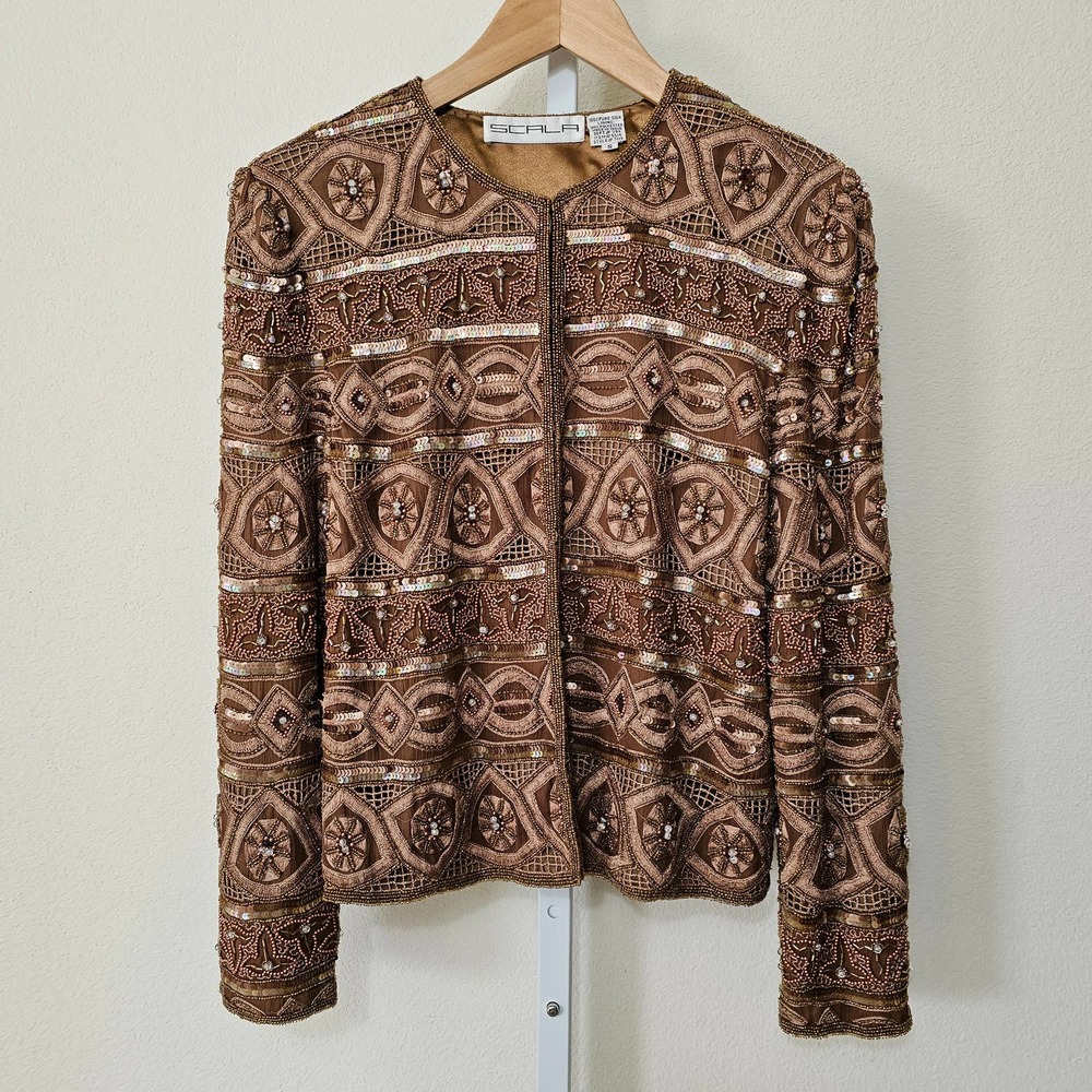 SCALA Vintage 100% Silk Beaded, Embroidered and Sequin Golden Brown Jacket Sz S